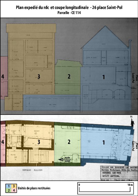 Plan expédié du rez-de-chaussée, coupe longitudinale (1990) et unités de plans restituées.