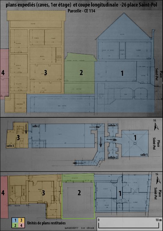 Plans expédiés (caves, premier étage), coupe longitudinale (1990) et unités de plans restituées.