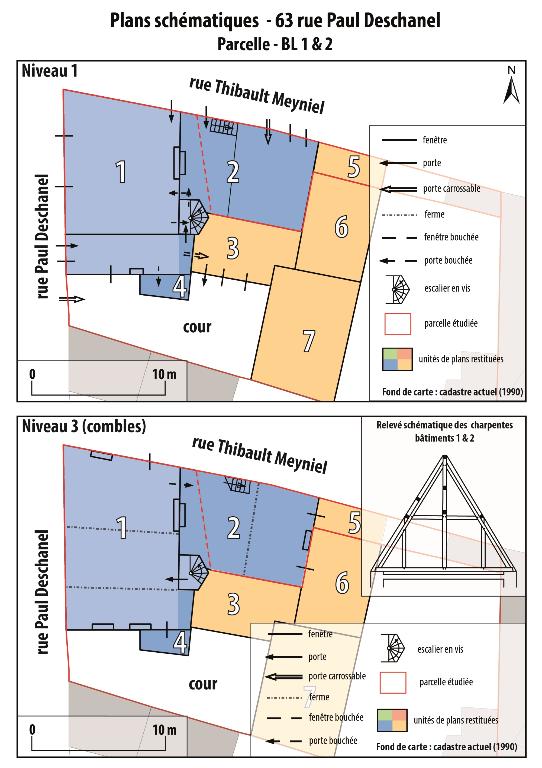 Plans schématiques, avec unités de plans restituées.