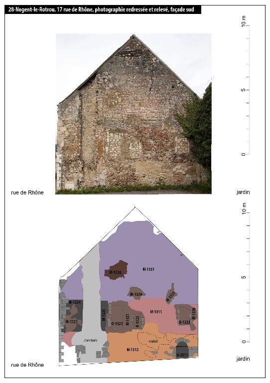 Façade sud, photographie redressée et relevé.