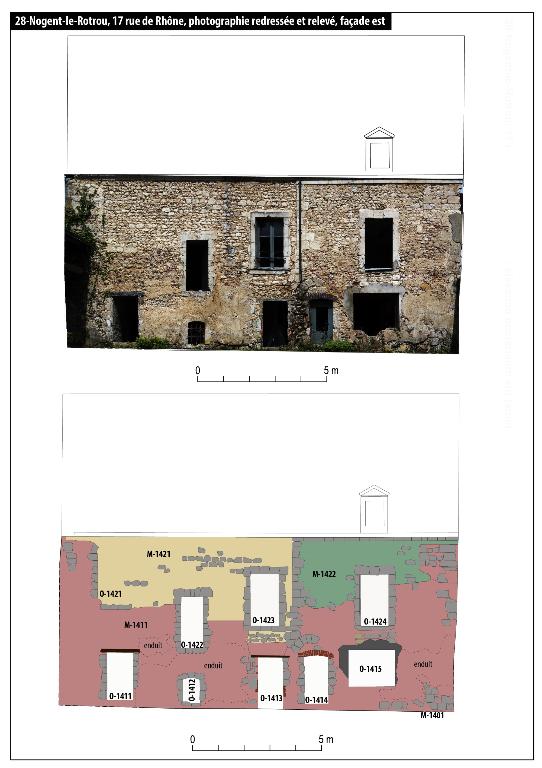 Façade est, photographie redressée et relevé.