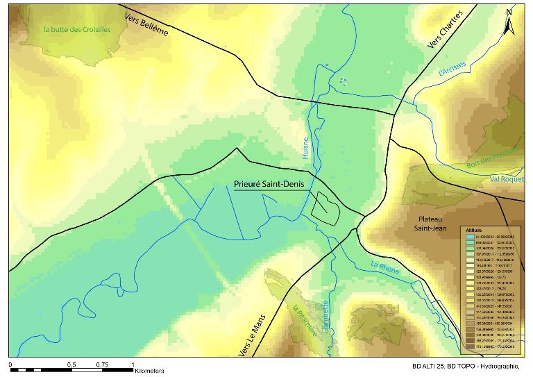 Carte du relief de la vallée de l’Huisne.