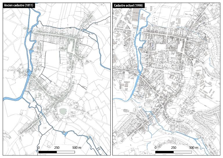 Mise en comparaison du cadastre ancien (1811) avec le cadastre actuel (1990). ; Mise en comparaison du cadastre ancien (1811) avec le cadastre actuel (1990).