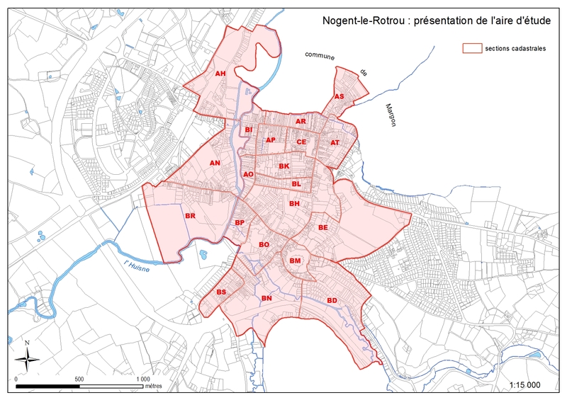 Présentation de l'aire d'étude de Nogent-le-Rotrou (sections cadastrales, cadastre actuel).