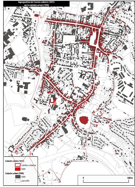 Superposition du cadastre ancien (1811) sur le cadastre actuel (1990).
