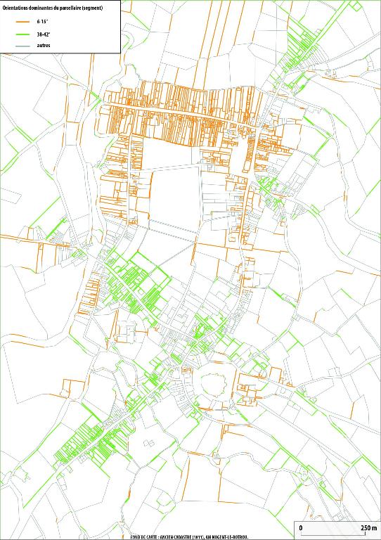 Carte des orientations dominantes du parcellaire (segments) de l’ancien cadastre.