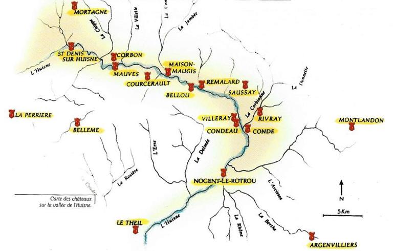 Carte des châteaux dans la vallée de l’Huisne (dans la seconde moitié du 11e siècle).
