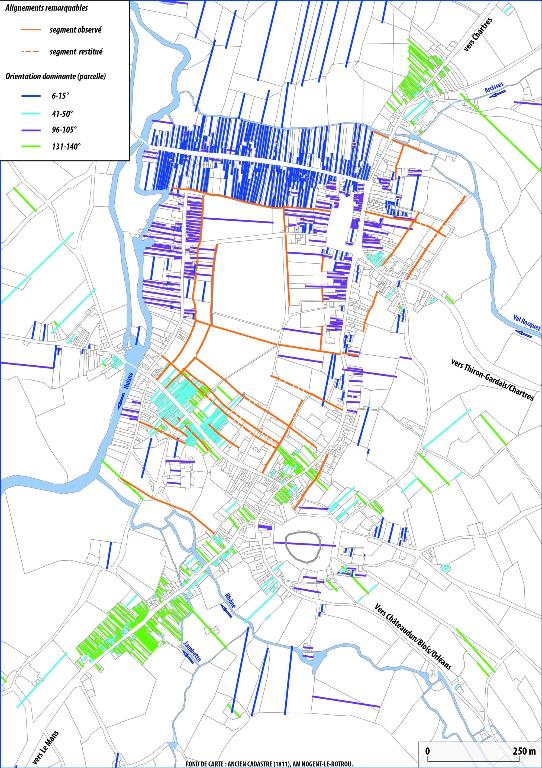 Carte des alignements remarquables et des orientations dominantes des parcelles de l’ancien cadastre.