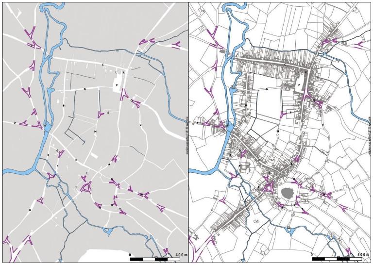 Carte des pattes d’oies identifiées sur l’ancien cadastre.