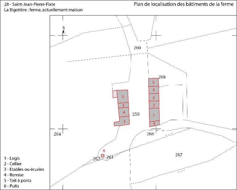 Plan de localisation des bâtiments de la ferme (fond : plan cadastral de 2018).