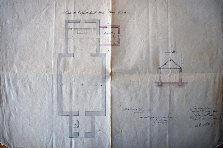 Projet de construction d'une sacristie, plan dressé par l'agent voyer cantonal en 1868. (Archives départementales d'Eure-et-Loir, 2 O 2999).