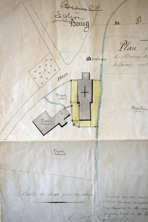 Plan d'ensemble (avec l'ancien presbytère et la fontaine Saint-Jean) dressé par le Géomètre René Bondis Liboire, en 1873. (Archives départementales d'Eure-et-Loir, 2 O 2999).