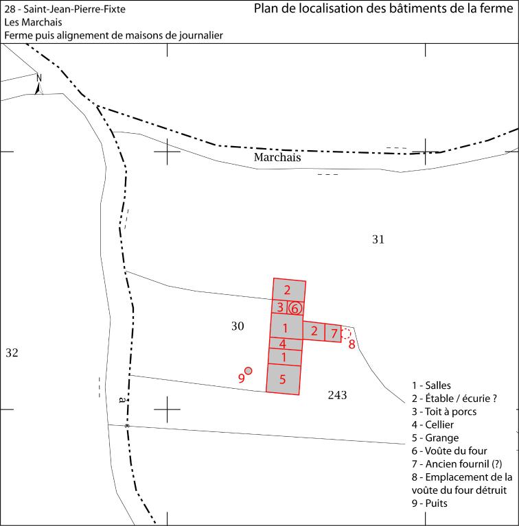 Plan de localisation des bâtiments de la ferme (fond : plan cadastral de 2018).