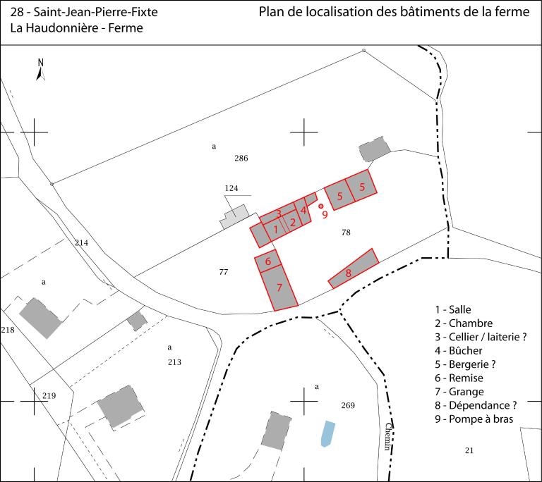 Plan de localisation des bâtiments de la ferme (fond : plan cadastral de 2018).