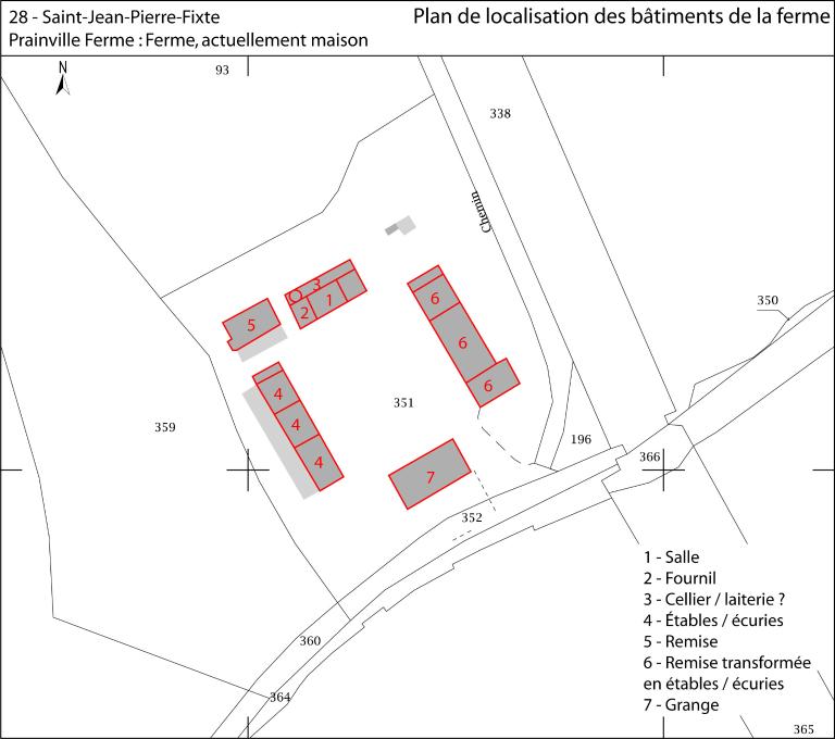 Plan de localisation des bâtiments de la ferme. ; Ferme de Prainville : plan de localisation des bâtiments.