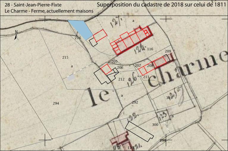 Superposition du cadastre de 2018 sur celui de 1811. (Archives départementales d'Eure-et-Loir, 3 P 5294 - 5297).