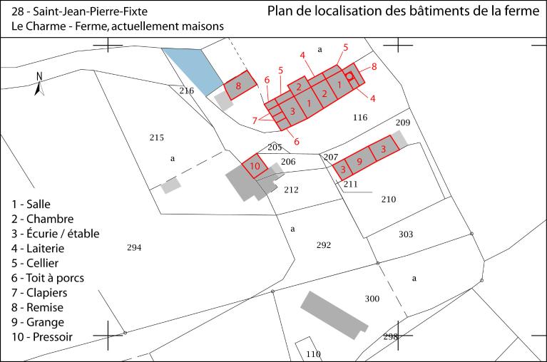 Plan de localisation des bâtiments de la ferme (fond : plan cadastral de 2018, section OB).