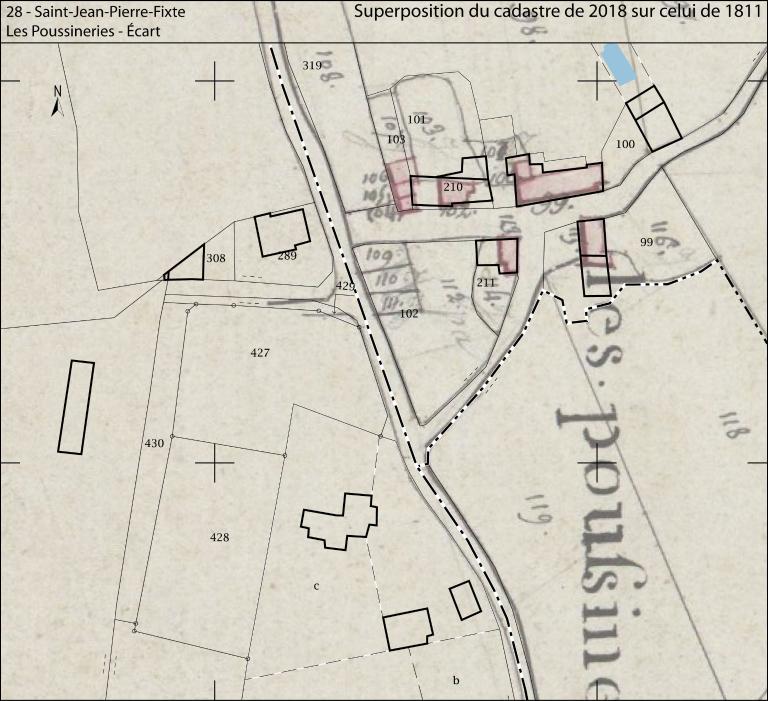 Superposition du cadastre de 2018 sur celui de 1811. (Archives départementales d'Eure-et-Loir, 3 P 5294 - 5297).