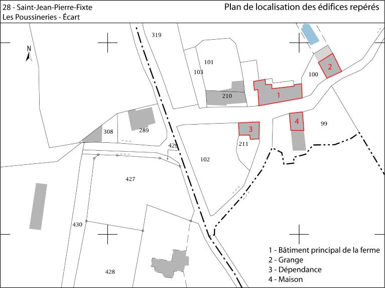 Plan de localisation des édifices repérés (fond : plan cadastral de 2018, section OB).