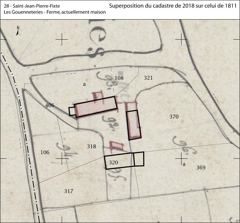 Superposition du cadastre de 2018 sur celui de 1811. (Archives départementales d'Eure-et-Loir, 3 P 5294 - 5297).