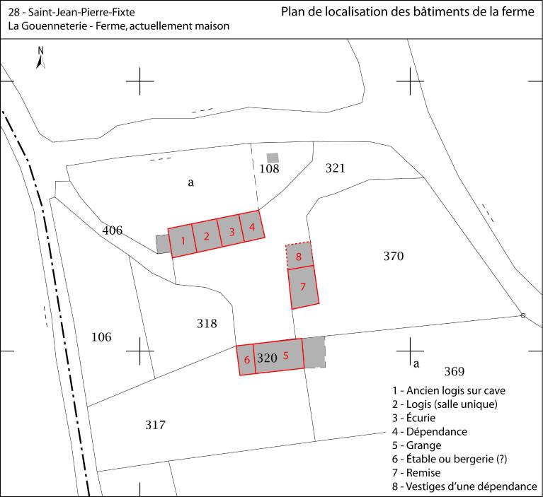 Plan de localisation des bâtiments de la ferme (fond : plan cadastral de 2018, section OA). ; La Gouenneterie : plan de localisation des bâtiments.