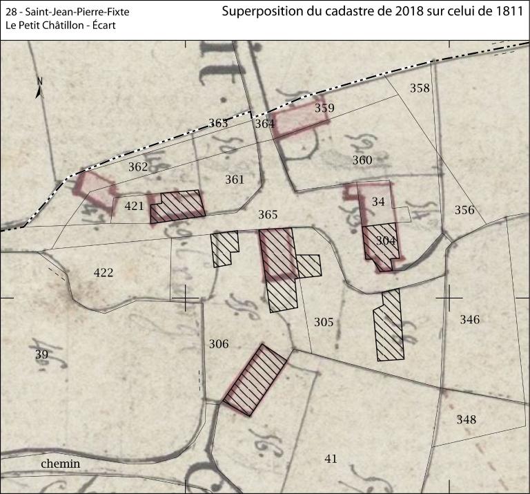 Superposition du cadastre de 2018 sur celui de 1811. (Archives départementales d'Eure-et-Loir, 3 P 5294 - 5297).