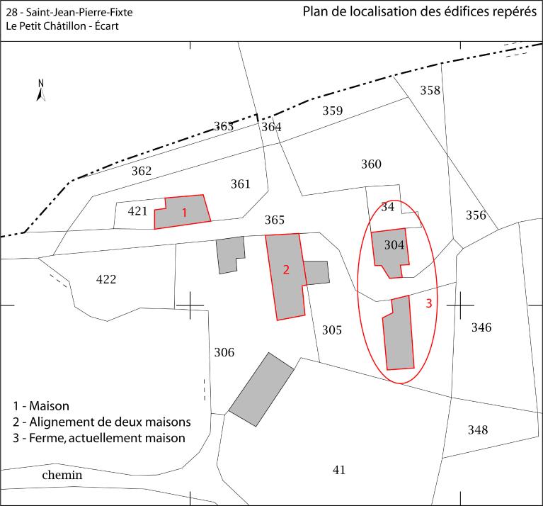 Plan de localisation des édifices repérés. (fond : plan cadastral de 2018, section OA).