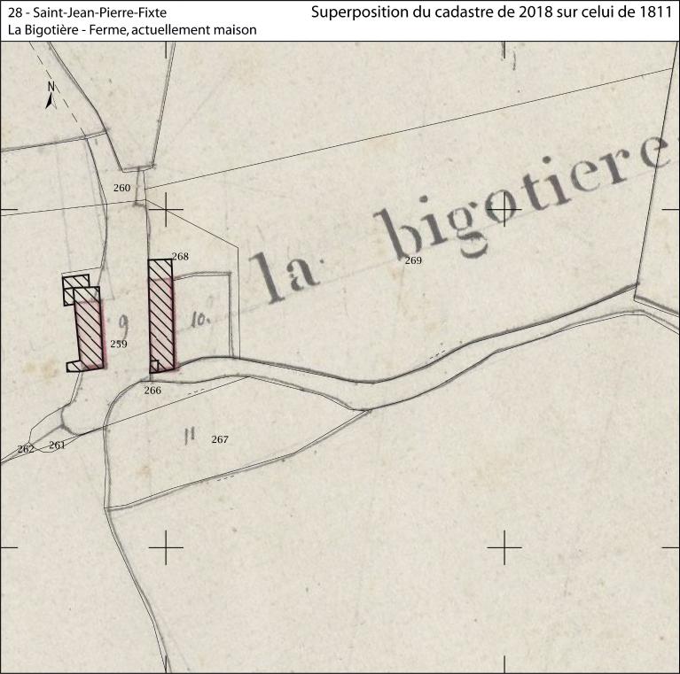 Superposition du cadastre de 2018 sur celui de 1811. (fond : Archives départementales d'Eure-et-Loir, 3 P 5294 - 5297).