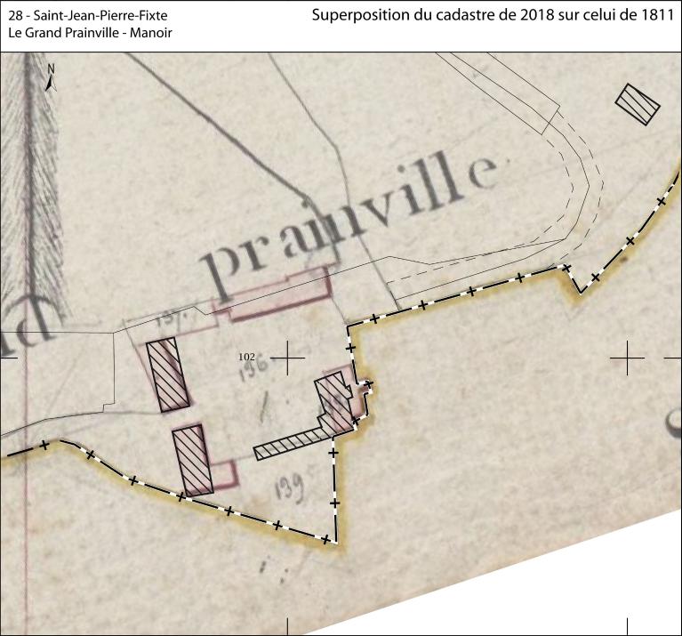 Superposition du cadastre de 2018 sur celui de 1811. (Archives départementales d'Eure-et-Loir, 3 P 5294 - 5297).