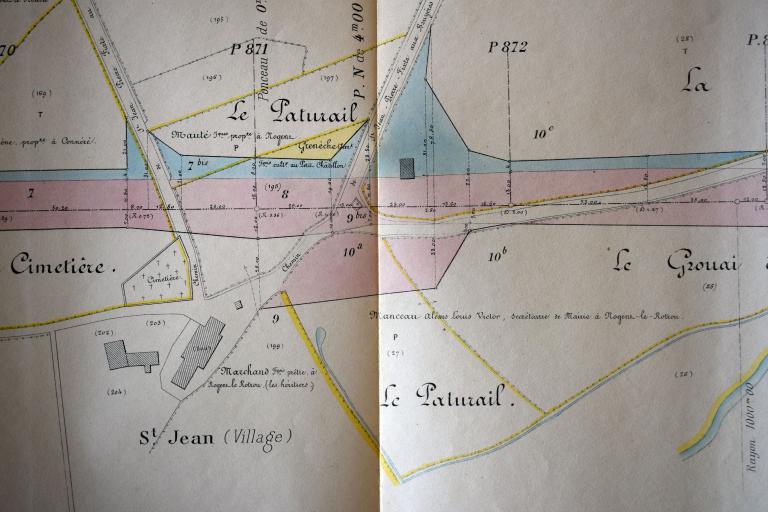 Plan parcellaire des terrains à acquérir pour l'établissement de la ligne de chemin de fer Patay - Nogent-le-Rotrou, dressé en 1883. (Archives départementales d'Eure-et-Loir, 5 S 215).