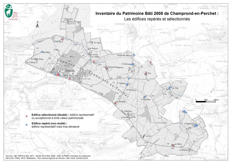 Carte synthétique des édifices repérés et sélectionnés.