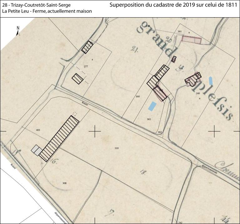 Superposition du cadastre de 2019 sur celui de 1811. (Archives départementales d’Eure-et-Loir, 3 P 5637-5645).