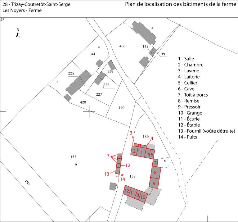 Plan de localisation des bâtiments de la ferme (fond : extrait du plan cadastral de 2019, section B).