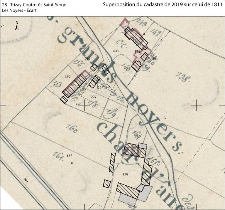 Superposition du plan cadastral de 2019 sur celui de 1811. ; Superposition du plan cadastral de 2019 sur celui de 1811.