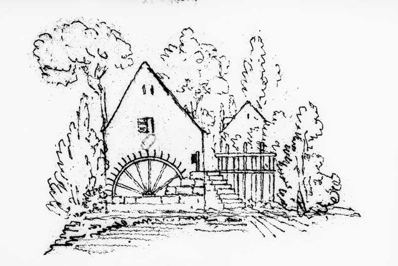 Dessin du moulin.- Dessin, Courtois, vers 1850. (AD Orne. S 980, No15).