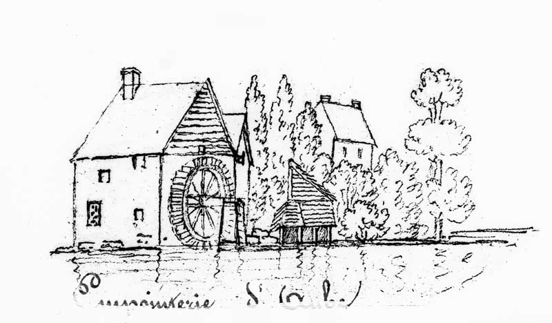 Dessin du moulin.- Dessin au crayon, Courtois, vers 1850. (AD Orne. S 980, No18).
