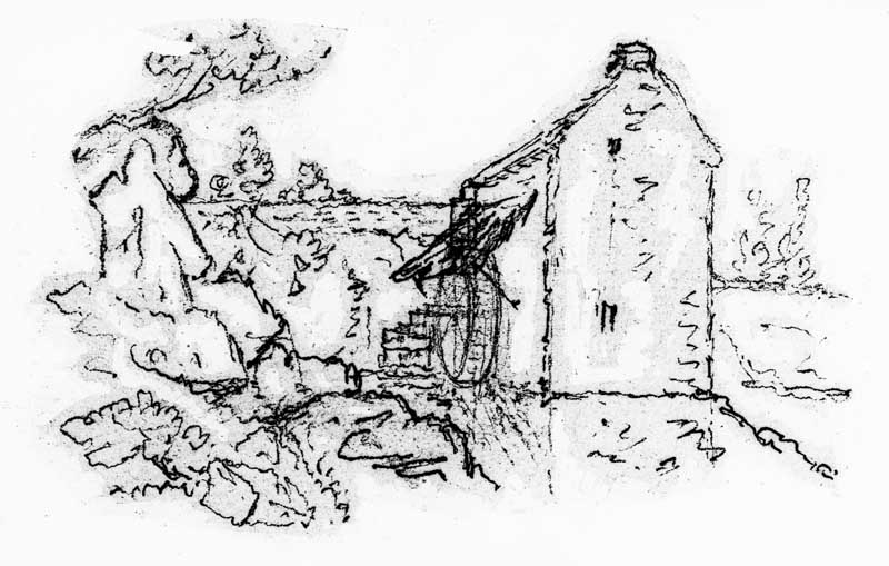 Echauffour, le Pont Morin, vue du moulin.- Dessin, Courtois, vers 1850. (AD Orne. S 980).
