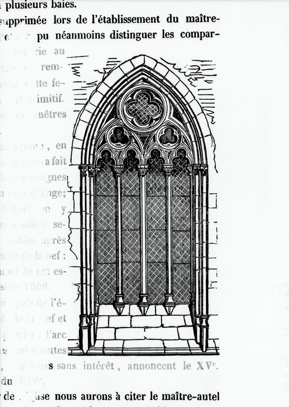 Chevet, baie axiale.- Dessin, tiré de A. de Caumont, Statistique monumentale du Calvados, t. II, 1850, p. 285.
