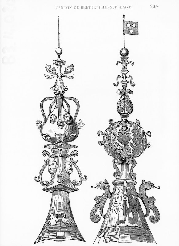 Les épis du château de Quilly.- Dessin, tiré de : CAUMONT, Arcisse (de). Statistique monumentale du Calvados. Tome 2, 1850, p. 207.