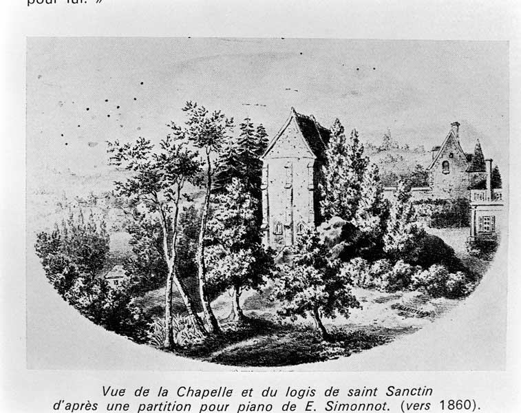 Vue de la chapelle et du logis de Saint-Sanctin.- Partition pour piano, E. Simonnot, 1860, tiré de : Cahiers percherons, n° 52, 1976.