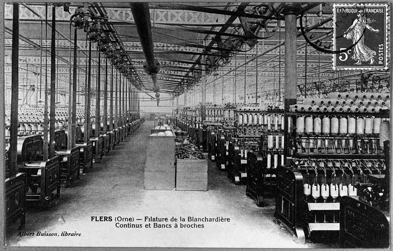 FLERS (Orne) - filature de la Blanchardière, continus et bancs à broches.- Carte postale, éd. Albert Buisson, début 20e siècle. (Collection particulière G. Bourdin).