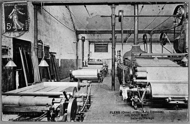 FLERS (Orne) - Usine du Tremblay, HALBOUT et Cie. Salle du Parage.- Carte postale, éd. Albert Buisson, début 20e siècle. (Collection particulière G. Bourdin).
