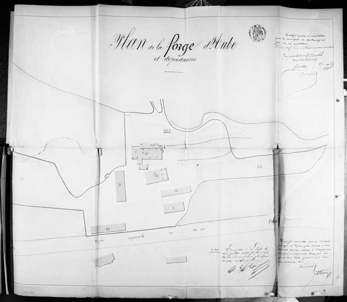 Plan de la forge d'Aube et dépendances.- Plan, 1868.