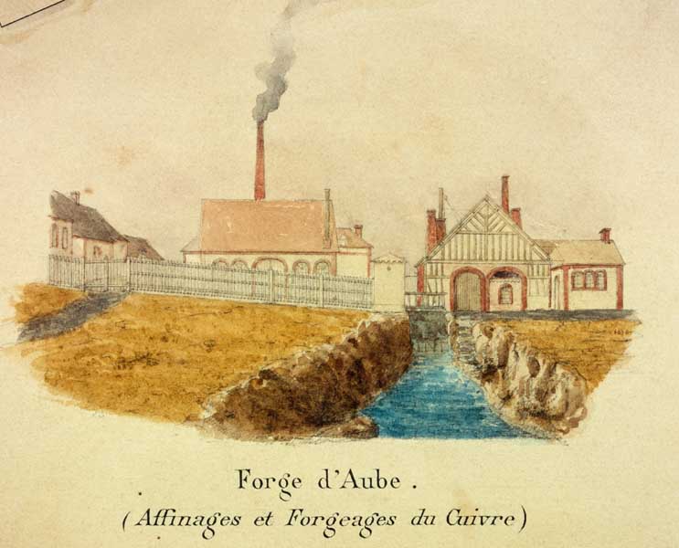 Plan géométrique et topographique d'une partie des territoires d' Aube et de Ray appartenant à M. Mouchel". Détail: "Chaudronnerie en airain".- Plan, s.d., vers 1863.