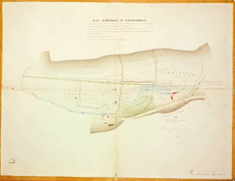 Plan géographique et topographique mettant en rapport la forme du creux de la vallée de la rivière de Rille d'où les eaux ont été détournées pour en utiliser la pente et former les chutes d'eau du moulin et de la forge d'Aube.- Plan, 10 mai 1852. (Collection particulière Mouchel).