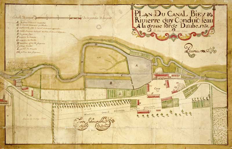 Plan du canal, biev et rivière qui conduit l'eau à la grosse forge d'Aube.- Plan, 1731. (AD Orne. 2FI / 2).