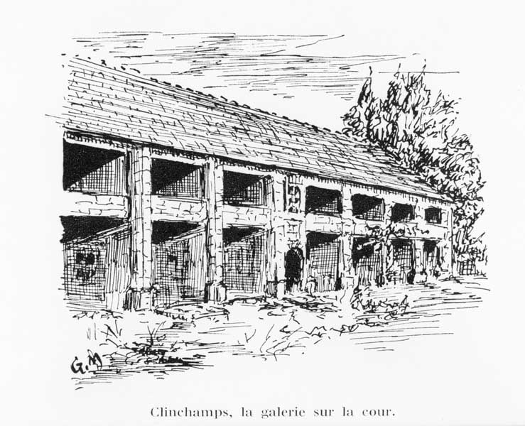 Clinchamps, la galerie sur la cour.- Dessin, G. Massiot, tiré de : Cahiers Percherons, n°10, 1959.