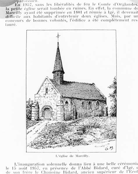 L'église de Marcilly.- Dessin, G. Massiot, tiré de : Cahiers Percherons, n°10, 1959.