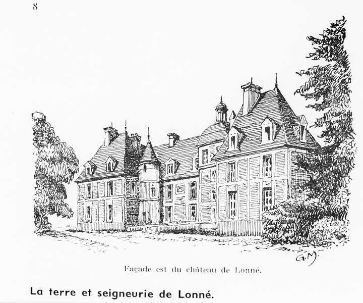 Façade est du château de Lonné.- Dessin, G. Massiot, tiré de : Cahiers Percherons, n°10, 1959.