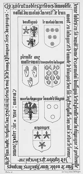 Dalle funéraire de Jeanne Labbey, veuve de Jean d'Argouges, décédée en 1496, et de son fils Jacques d'Argouges, décédé en 1510 (dalle déposée en 1859 au musée de Bayeux).